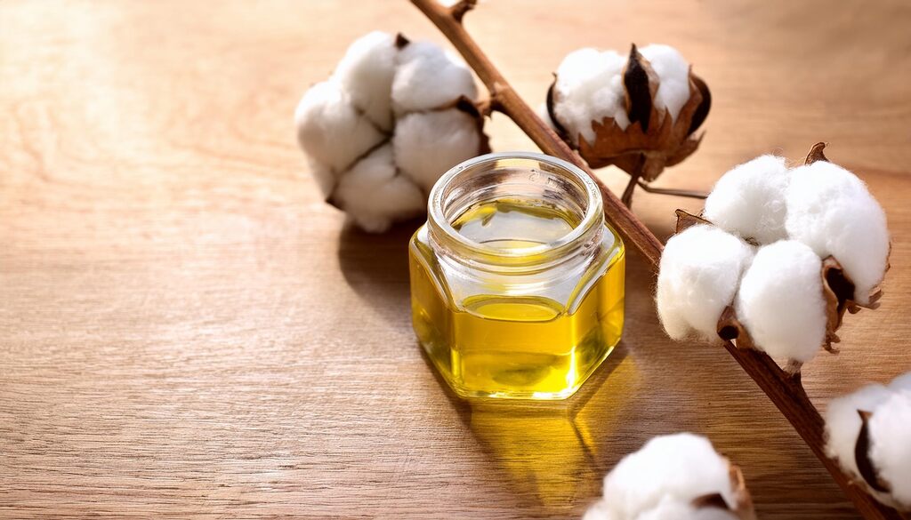 Um pequeno frasco de vidro sextavado contendo óleo amarelo brilhante está posicionado sobre uma superfície de madeira clara, acompanhado por um ramo natural com vários capulhos de algodão branco.