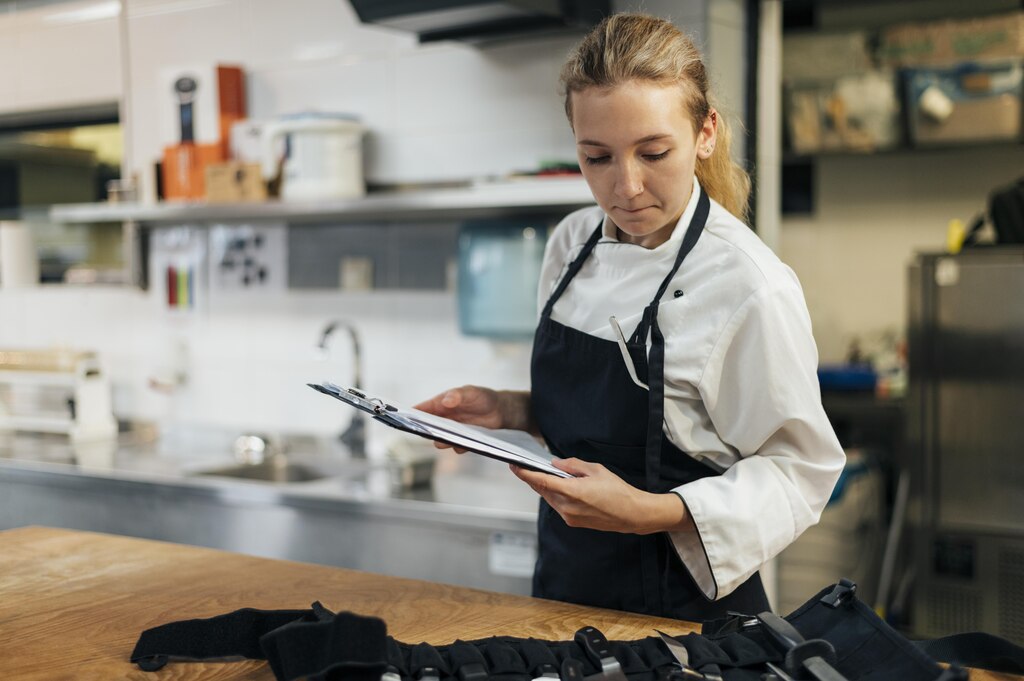 Chef de cozinha revisando checklist de controle de qualidade e validade da gordura vegetal para fritura em restaurante profissional.