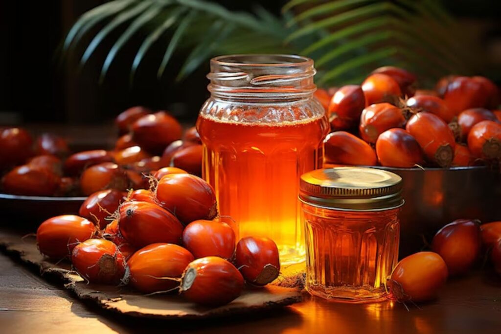 Potes de vidro com óleo de palma bruto de cor alaranjada intensa, cercados por frutos de dendezeiro sobre superfície rústica de madeira.