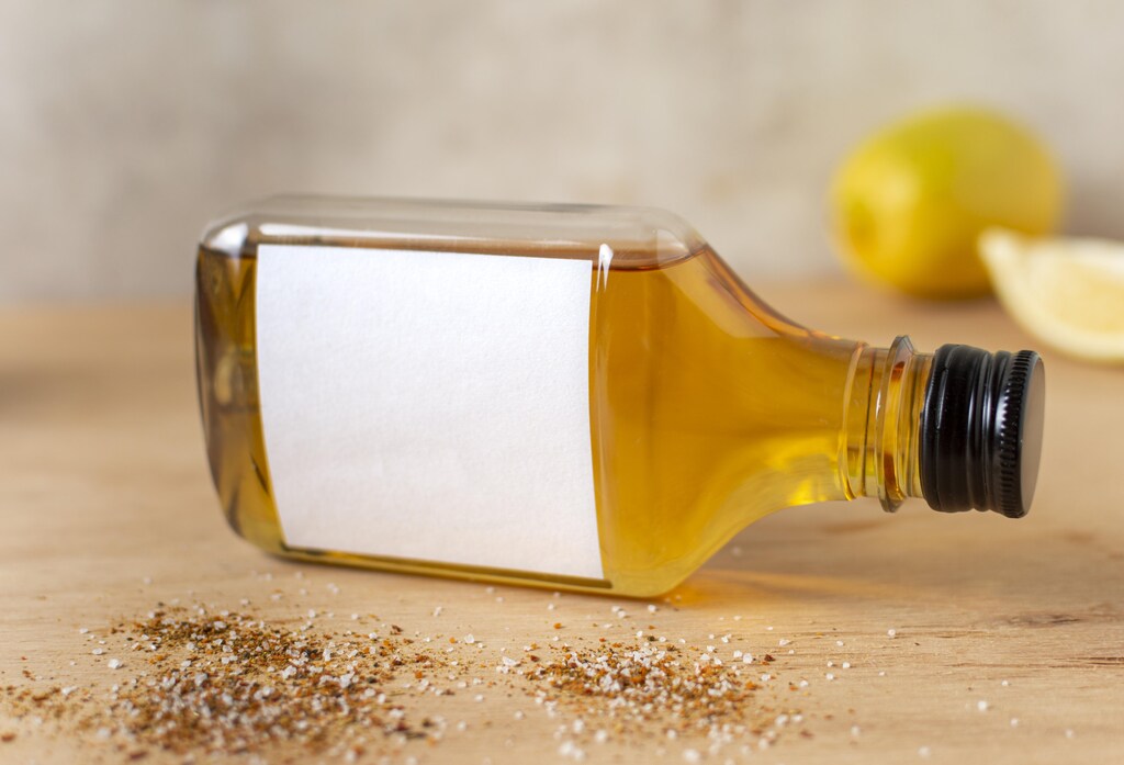 Garrafa de vidro com óleo de cozinha dourado e rótulo branco sobre mesa de madeira com especiarias ao fundo.
