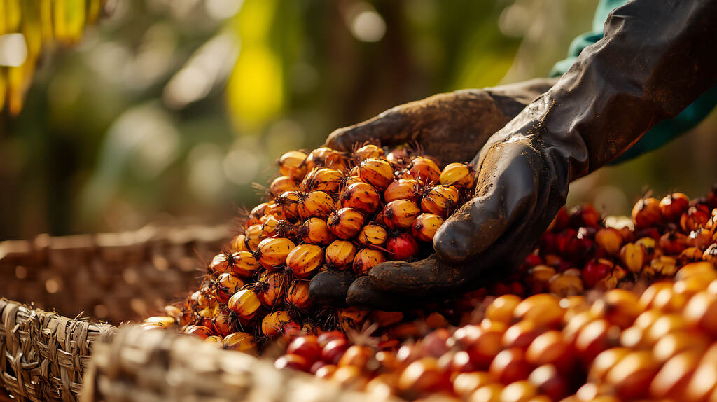 Produção de óleo de palma com colheita manual de frutos frescos da palmeira