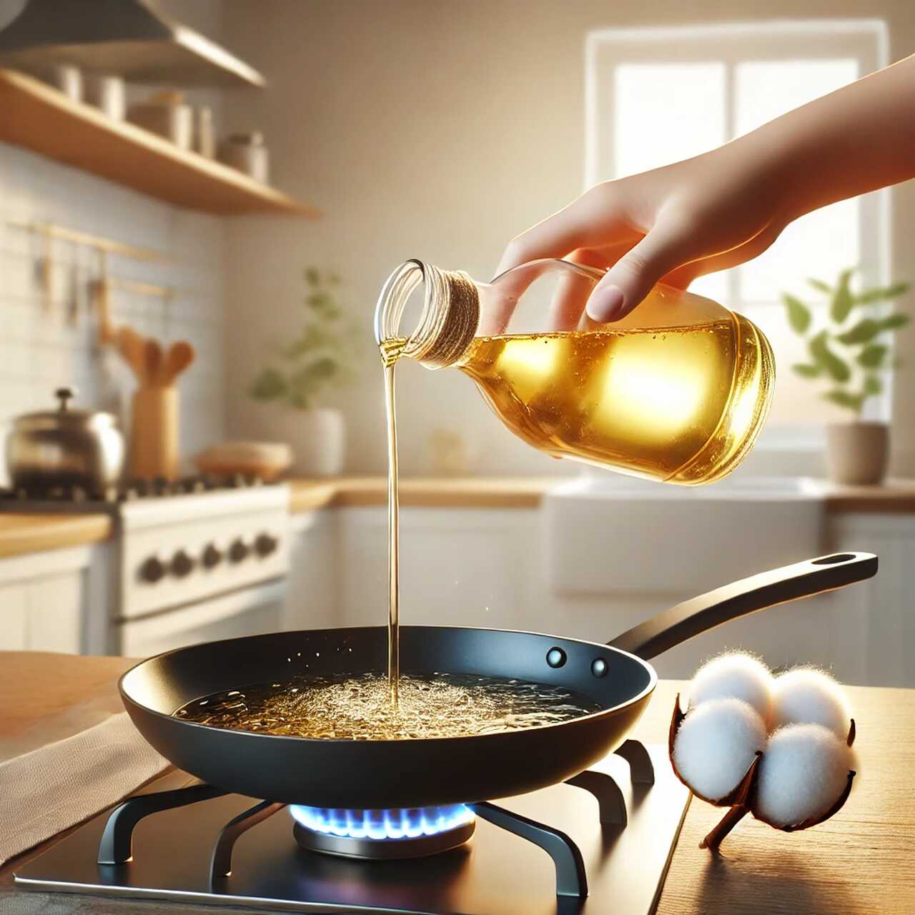 pessoa despejando óleo de cozinha em frigideira quente no fogão com chama acesa