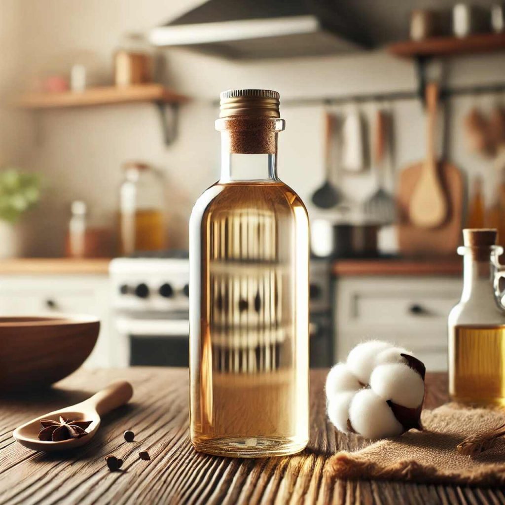 garrafa de óleo vegetal claro sobre mesa de madeira em cozinha com utensílios ao fundo