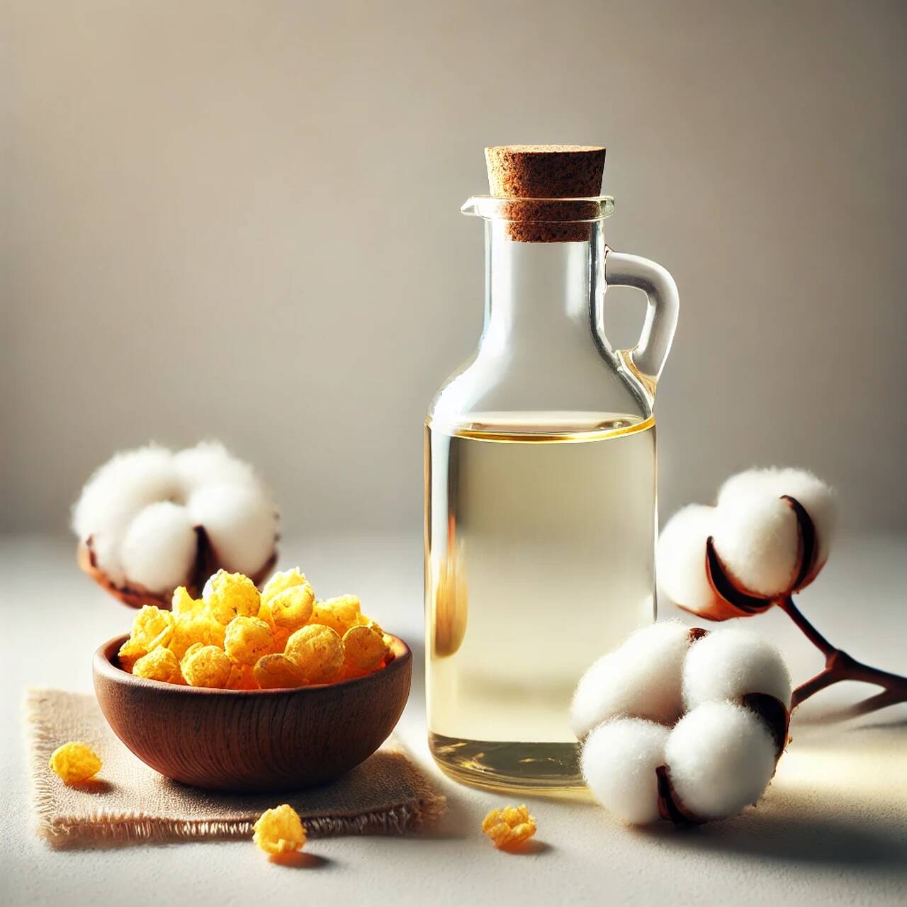 Garrafa de óleo de algodão com sementes e fibras de algodão ao redor em fundo neutro