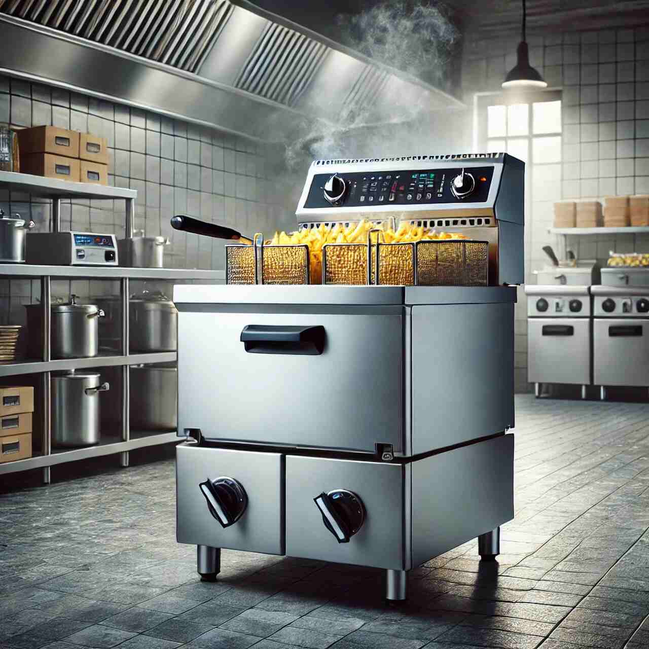 fritadeira industrial elétrica com cestos fritando batatas em cozinha profissional com coifa
