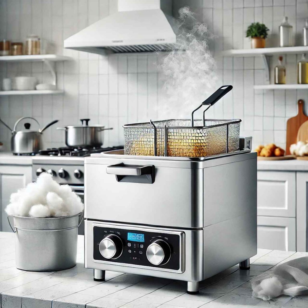 fritadeira elétrica compacta com cesto em uso soltando vapor em cozinha doméstica moderna