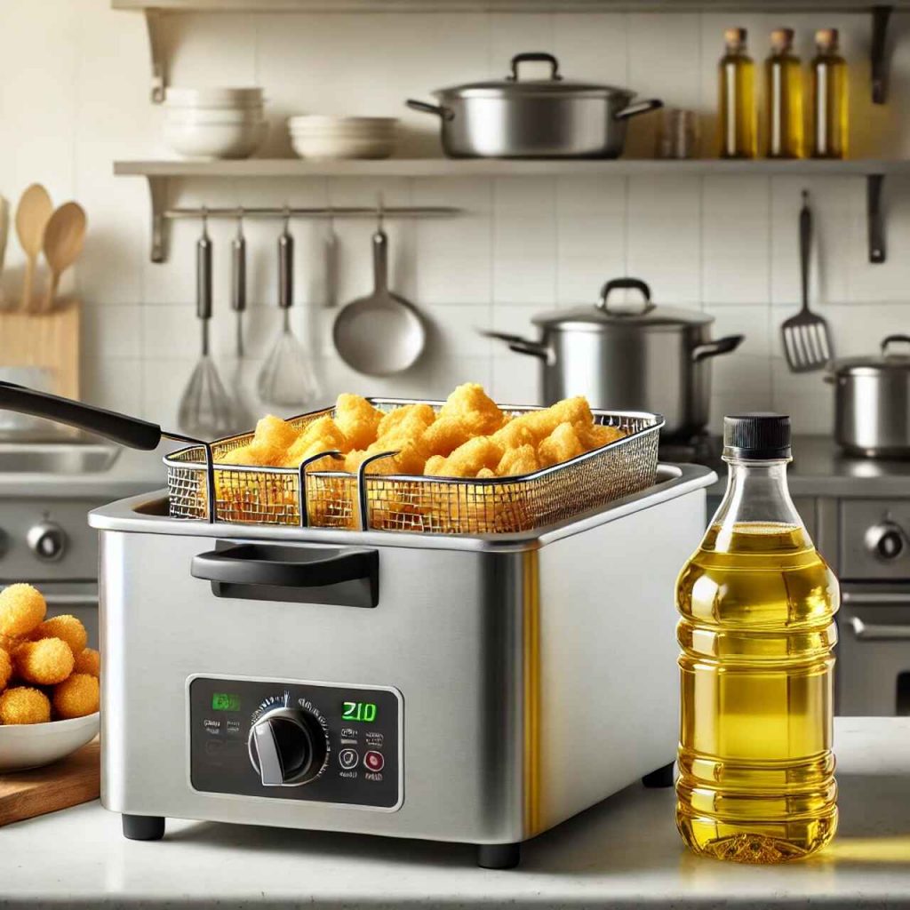 Fritadeira elétrica com alimentos fritos ao lado de garrafa de óleo de algodão em cozinha moderna