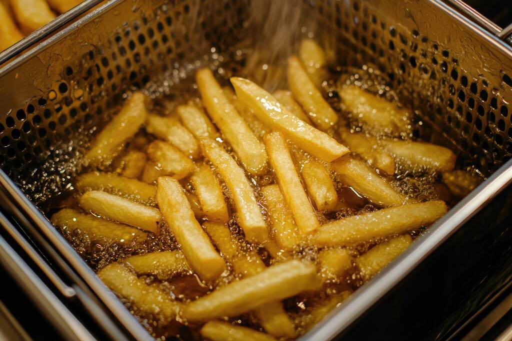 Batatas fritando em óleo quente, ilustrando o melhor óleo para fritar salgados com crocância e qualidade
