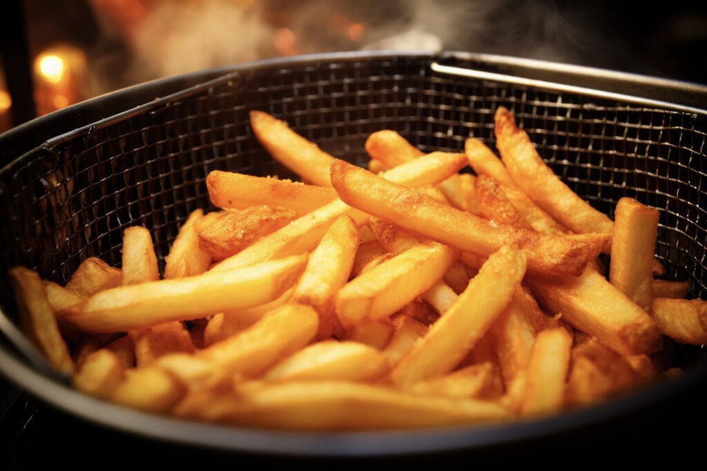 batatas fritas sendo preparadas em fritadeira com óleo quente para fritura crocante