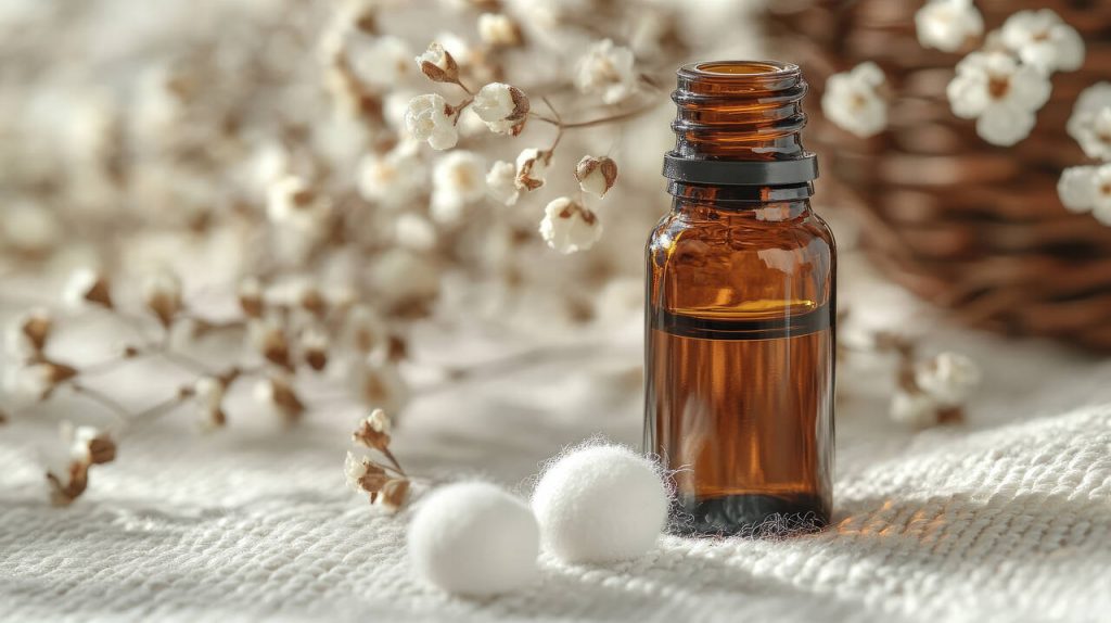 Frasco âmbar de óleo essencial sobre tecido branco com bolas de algodão ao lado e flores secas desfocadas ao fundo, em composição delicada e natural.