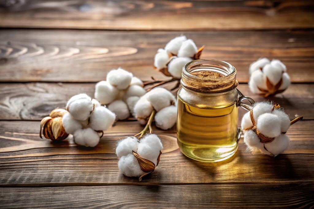 Ingredientes naturais, pães, ervas e frasco de óleo vegetal organizados sobre mesa rústica de madeira.